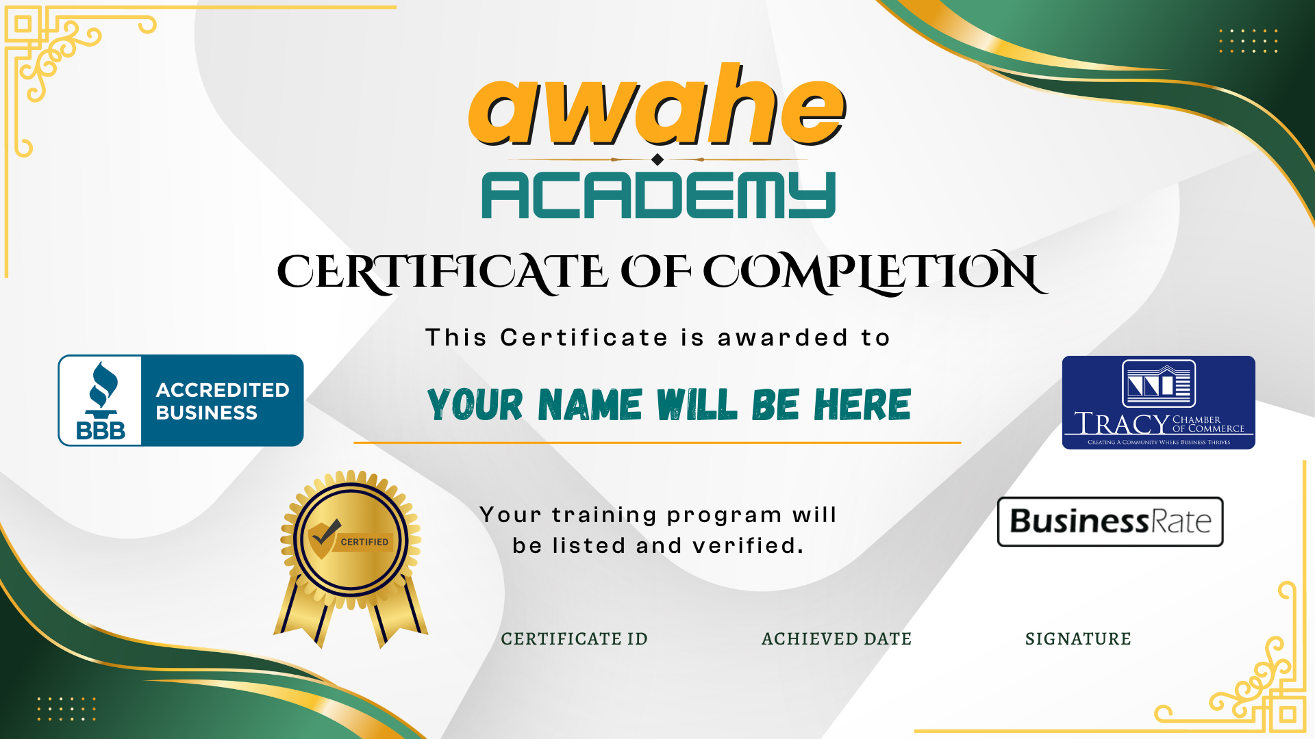 Awahe Academy Certificate of Completion