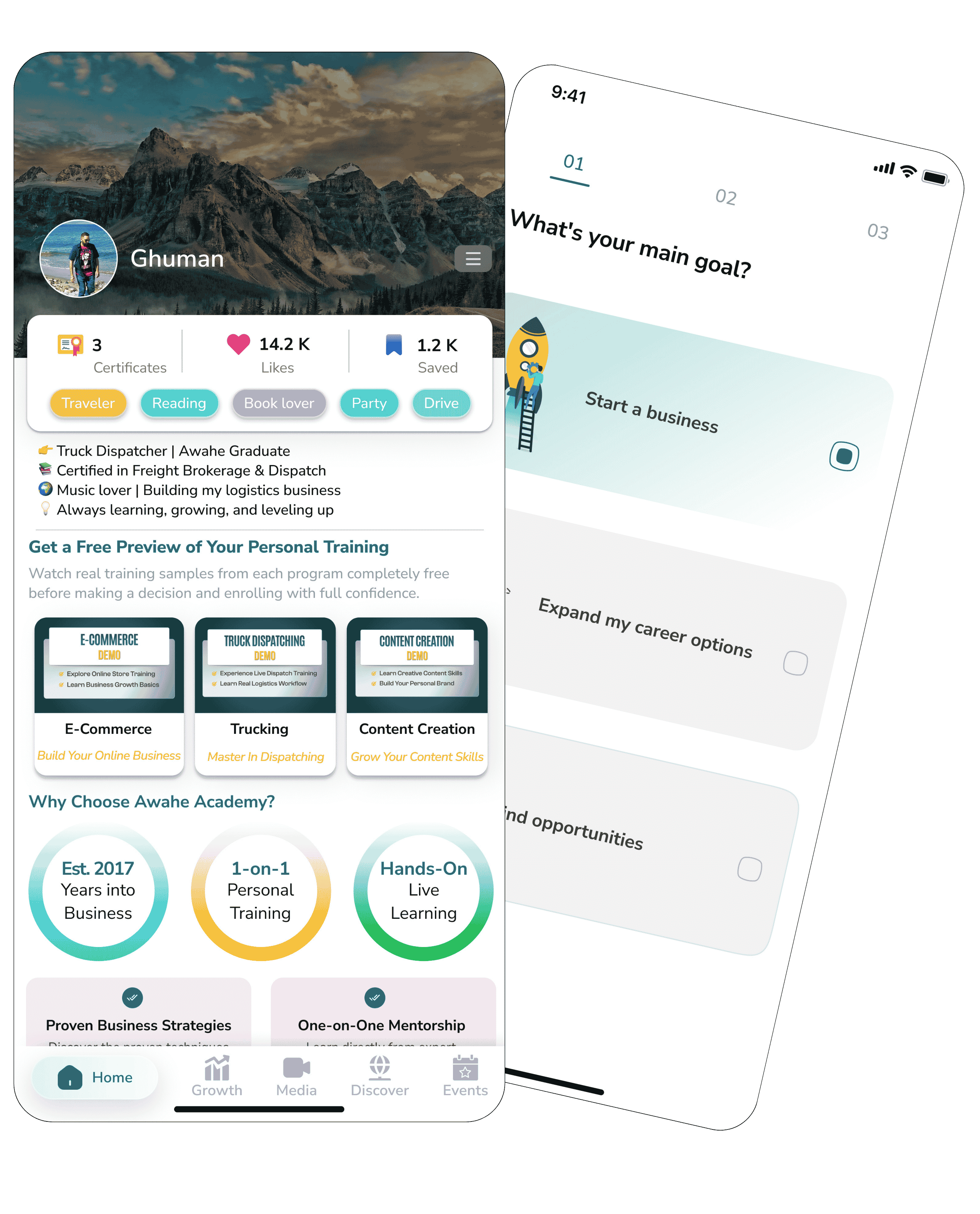The Awahe app showing a student profile with certificates and progress, and the goal-setting screen